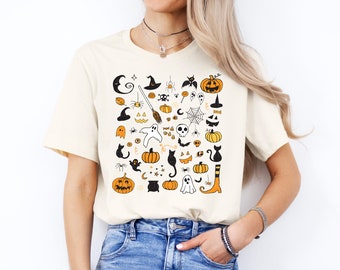 Halloween Shirt Halloween Little Things Tee Doodles Pumpkin Halloween Tee Cute Spooky T-Shirt Witch Shirt Ghost Fall Shirts Plus Size