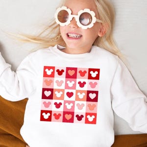 Groovy Mouse Ears Sweatshirt Valentines Day Shirt Happiest Place On Earth Shirt Cute Family Trip Matching Retro Checkered Kids Shirt Toddler