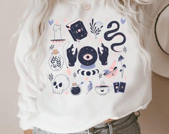 Halloween Sweatshirt Women Halloween Sweatshirt Vintage Mystical Witchcraft Long Sleeve Halloween Pullover Cute Crewneck Sweater Plus Size