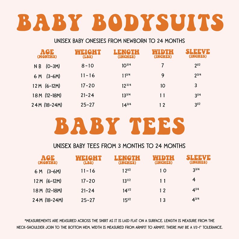 May include: Chart showing size and weight recommendations for baby onesies and tees. The chart includes age in months, weight in pounds, length in inches, width in inches, and sleeve length in inches. The chart is for unisex baby clothing from newborn to 24 months.