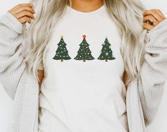 Merry Christmas Shirt, Christmas Shirt For Women, Holiday Shirt, Christmas Trees Shirt,Xmas Gift For Her,Merry and Bright T-Shirt,Plus Sizes