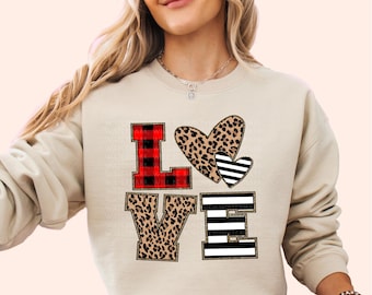 Love Sweatshirt, Leopard Cheetah Plaid Love Heart Valentine Cupid Gift Idea, Cute Womens Valentines Day Sweatshirt,Gift For Wife Girl Friend