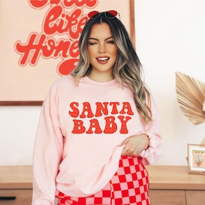 Christmas Sweatshirt Santa Baby Christmas Crewneck Pullover Holiday Sweater For Women Retro Christmas Shirt Trendy XMAS Outfit Matching Kids