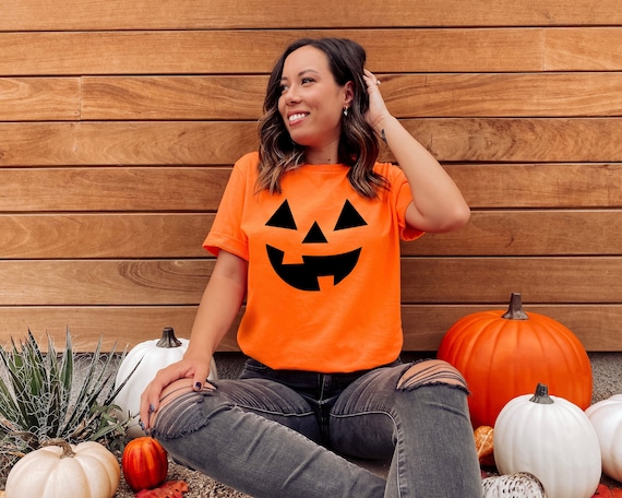 Pumpkin Face T-Shirt Funny Halloween Jack O Lantern Shirt (Orange) - S  Graphic Tees 