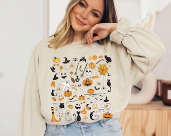 Halloween Crewneck Sweatshirt Halloween Doodles Little Things Witch Pumpkin Sweatshirt Halloween Pullover Cute Spooky Sweater Plus Size