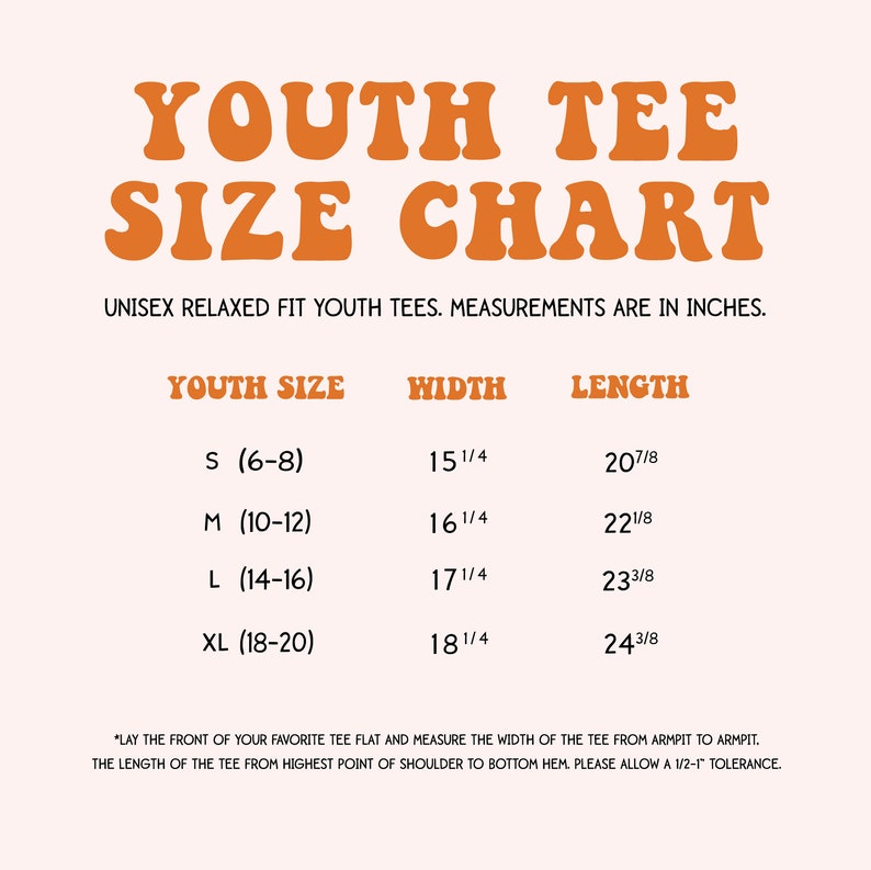 May include: A size chart for youth tees, showing sizes S through XL with corresponding width and length measurements in inches. The chart is titled "Youth Tee Size Chart" and includes the text "Unisex Relaxed Fit Youth Tees. Measurements are in inches."