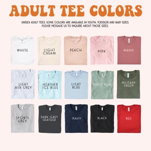 a collection of 12 different adult t-shirt colors, including white, light cream, peach, pink, mauve, light ash grey, light blue, light blue, dusty blue, military green, dark grey, navy, black, and red.
