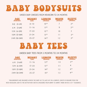 Puede incluir: Tabla de tallas para bodies y camisetas unisex para beb&eacute;s. La tabla muestra la edad en meses, el peso en libras, la longitud en pulgadas, el ancho en pulgadas y la longitud de la manga en pulgadas. La tabla es para tallas de reci&eacute;n nacido a 24 meses.