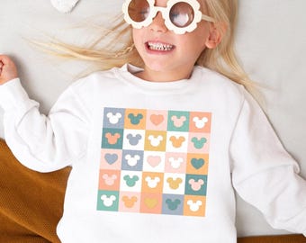 Groovy Mouse Ears Sweatshirt Happiest Place On Earth Sweatshirts Cute Family Trip Shirt Matching Retro Checkered Sweater Kids Toddler Adult