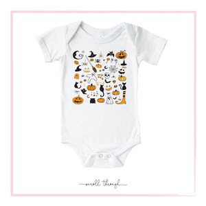May include: White baby onesie with a black and orange Halloween-themed print. The print features pumpkins, ghosts, bats, cats, spiders, witches hats, and other Halloween symbols.