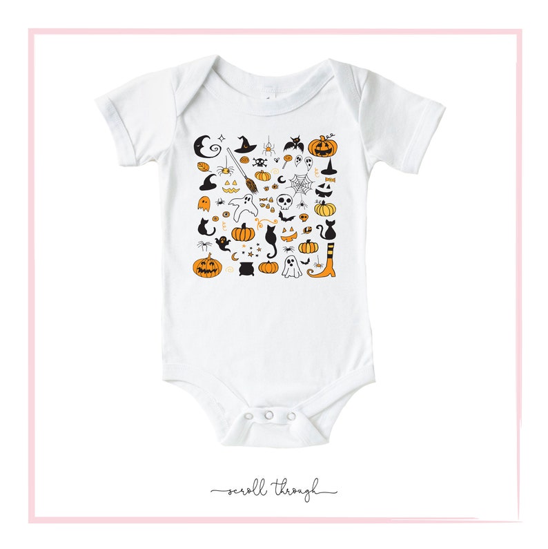May include: White baby onesie with a black and orange Halloween-themed print. The print features pumpkins, ghosts, bats, cats, spiders, witches hats, and other Halloween symbols.