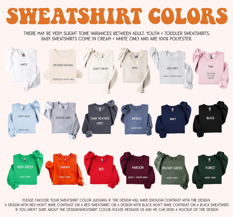 a variety of colorful sweatshirt designs, including white, light blue, light green, sand, ash grey, pink, and other colors.