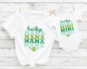 St Patricks Day Shirts Lucky Mama Mini Shirts, Boho Mommy And Me Matching Shirt, Retro Mama And Mini Set, Cute Shamrock Irish Graphic Tee