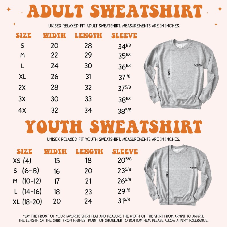 The image is a size chart for an adult sweatshirt, with measurements in inches for different sizes. It includes two images of a youth sweatshirt, one larger and one smaller, to demonstrate the size range. The chart provides the width, length, and sleeve length for each size, allowing for easy comparison and selection of the appropriate size for a person.