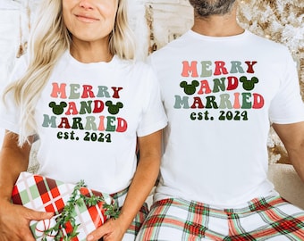 Merry And Married Shirt Happiest Place On Earth Magic Kingdom Honeymoon Tee WDW T-Shirts For Couples Matching Christmas Newlywed Shirts