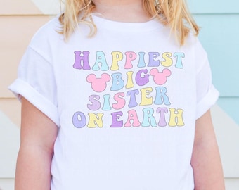 Camiseta "La hermana mayor más feliz del mundo" Camiseta de hermana mayor Camiseta con orejas de ratón Camisetas a juego para las vacaciones familiares Camiseta mágica para niños pequeños