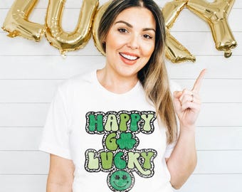 St Patricks Day Shirts, Happy Go Lucky Shirt, Retro Happy Face St Patty's Day Shirt, Lucky Graphic Tee, Shamrock and Shenanigans, Groovy