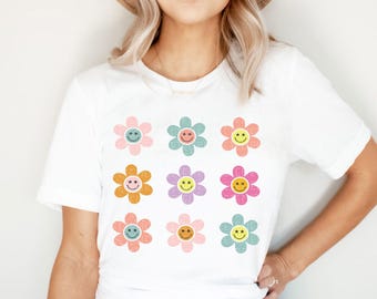 Spring Shirts Floral Daisy Shirt Hippie Flower Graphic Tee Trendy T-Shirt Floral Boho Shirt For Women Retro Daisy Matching Mom Daughter