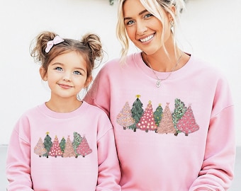 Christmas Trees Sweatshirt Matching Mama and Mini Christmas Sweater Pink Christmas Tree Xmas Holiday Shirts Mommy and Me Kids Shirt Toddler