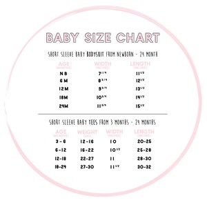 May include: A pink and white baby size chart with two tables. The first table shows the age in months, width in inches, and length in inches for short sleeve baby bodysuits from newborn to 24 months. The second table shows the age in months, weight in pounds, width in inches, and length in inches for short sleeve baby tees from 3 months to 24 months.