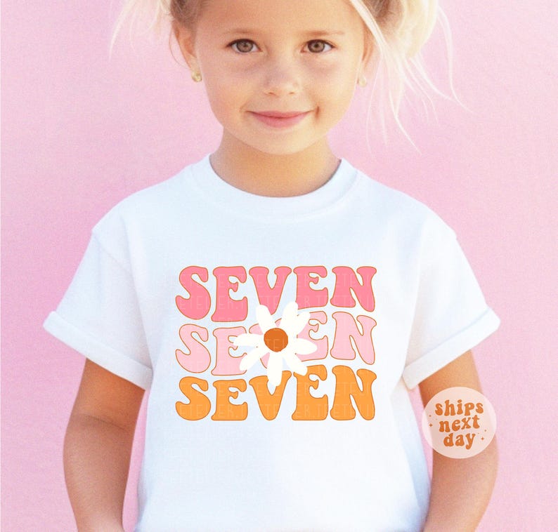 7th Birthday Shirt Groovy Seven Shirt Daisy Seventh Birthday Party T-Shirt Groovy Birthday Outfit Girls 7th Bday Tee Bday Outfits Girls Gift image 1