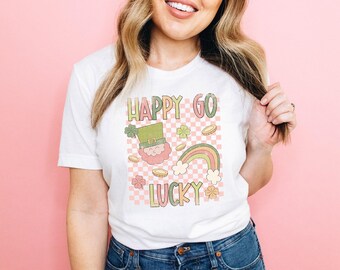 St Patricks Day Shirts, Happy Go Lucky Shirt, Retro Groovy St Patty Shirt, St Patty's Day, Lucky Shirt, Cute Checkered Shamrock Rainbow Tee