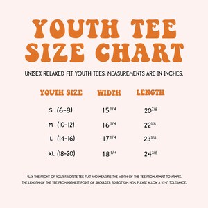 The image is a size chart for youth tees, providing measurements in inches for different age groups.