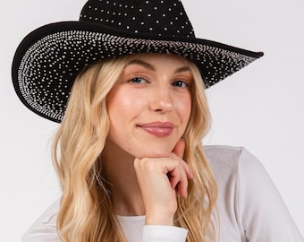 Cowgirl Hat Black Embellished Studded Rhinestone Cowboy Hat