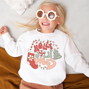 Jolly Vibes Christmas Sweatshirts Christmas Tree Shirt Stockings Cute Groovy Retro Toddler Shirt Kids Matching Xmas Holiday Gifts