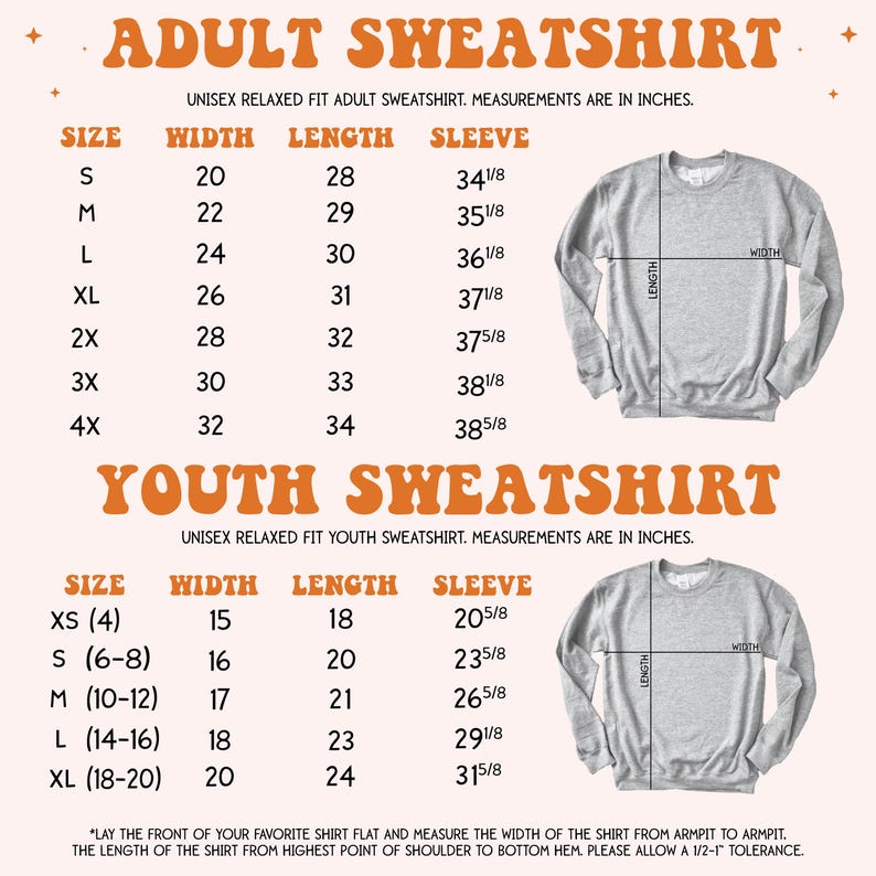 an adult sweat shirt measurements chart for a youth sweat shirt