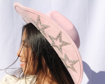 Pink Cowgirl Hat Star Embellished Studded Rhinestone Cowboy Hat Silver Star Nashville Bachelorette Hat Bach Party Bride Concert Outfit Gift