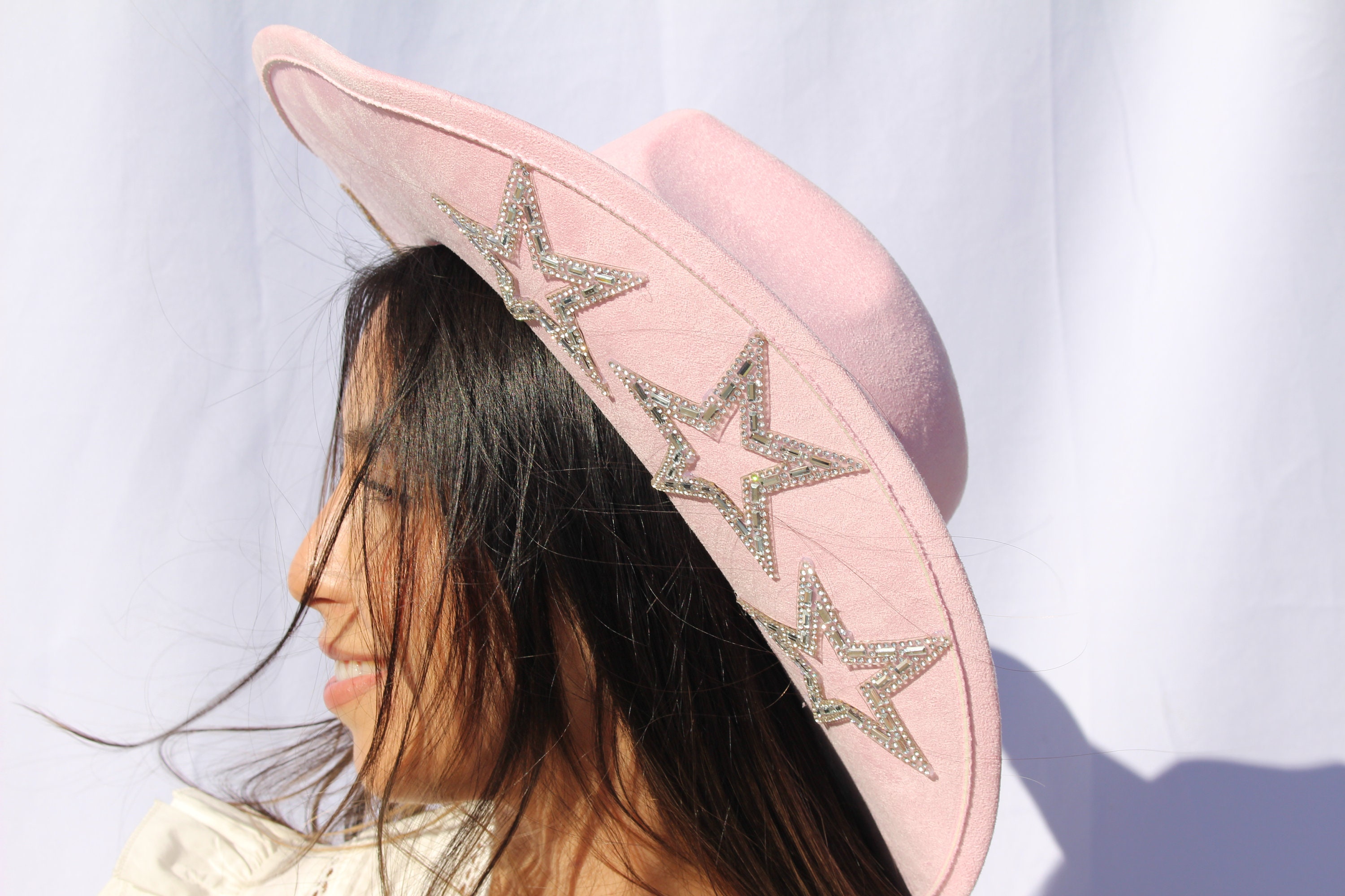 Bright Pink Women’s Cowboy Cowgirl Hat with Star Rhinestone StarTrim Personalized Hot Pink Cowboy Hat Cowgirl Hat for Women  main image 2