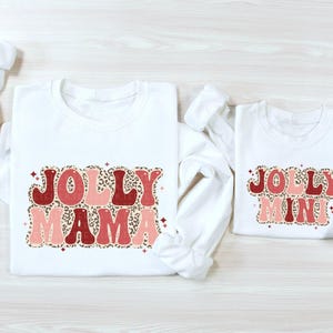 Jolly Mama Jolly Mini Christmas Sweatshirts Mommy and Me Leopard Xmas Crewneck Holiday Shirts Cute Festive Outfits Matching Moms Kids Gifts