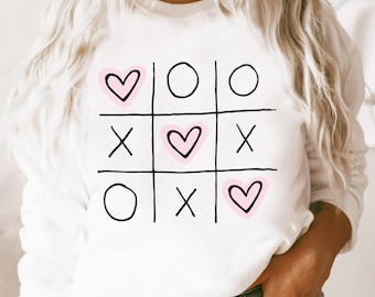 Valentine Sweatshirt XOXO Tic Tac Toe Valentines Shirts for Women Love Heart Cute Crewneck Pullover Women Shirt Gift For Her Wife GF UNISEX