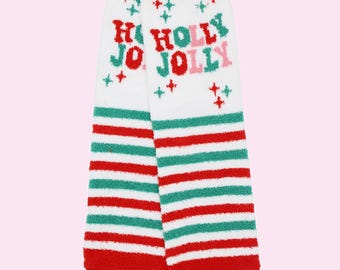 Chaussettes de Noël douillettes Holly Jolly Sock Bas de Noël Chaussettes d'hiver Chaussettes de fête Chaussettes duveteuses Cadeaux de Noël pour elle
