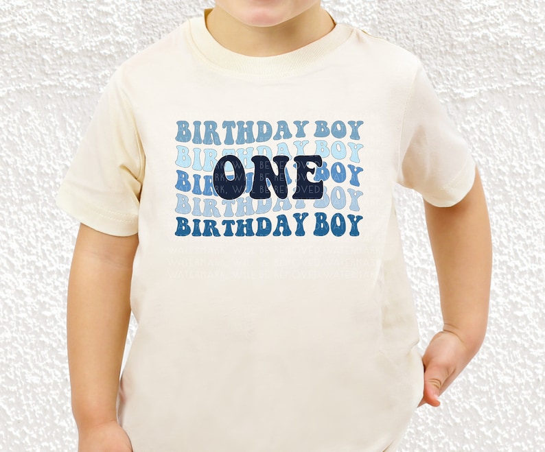 以下が含まれることがあります： 白の半袖Tシャツに、青と白のグラデーションで「Birthday Boy」という文字が複数回繰り返されているデザイン。中央には濃い青色の「One」という数字がデザインされている。