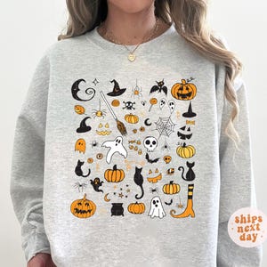 Halloween Doodles Sweatshirt Halloween Little Things Witch Pumpkin Sweatshirt Halloween Pullover Cute Spooky Crewneck Sweater Plus Size
