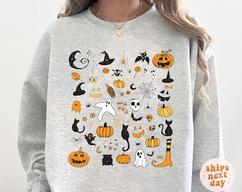 Halloween Doodles Sweatshirt Halloween Little Things Witch Pumpkin Sweatshirt Halloween Pullover Cute Spooky Crewneck Sweater Plus Size
