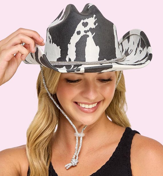 Cow Print Cowboy Hat Rodeo Rhinestone Chin Strap Womens  display picture 3