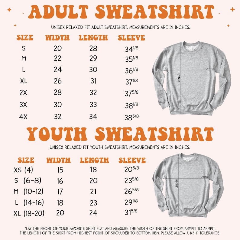an adult sweat shirt measurements chart for a youth sweat shirt