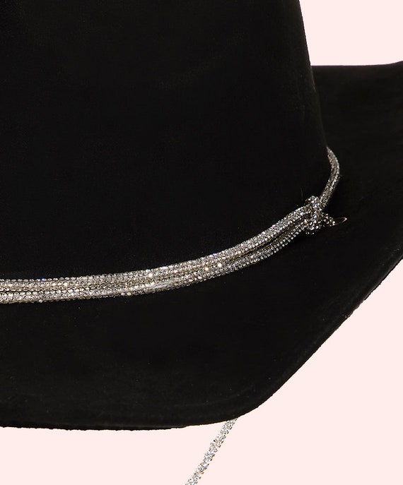 Black Cowboy Hat Rhinestone Rope Chin Strap Womens Fall Hat  display picture 2