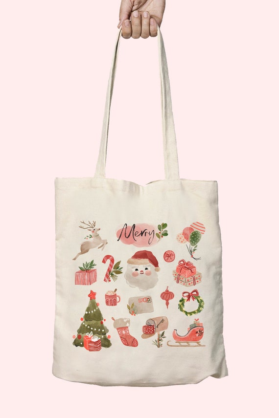 Christmas Tote Bag, Christmas Doodles, Little Things,Santa Tree Merry Canvas Bag,Christmas Gift For Her,Gifts Under 30,Gift For Mom,BFF,WIFE