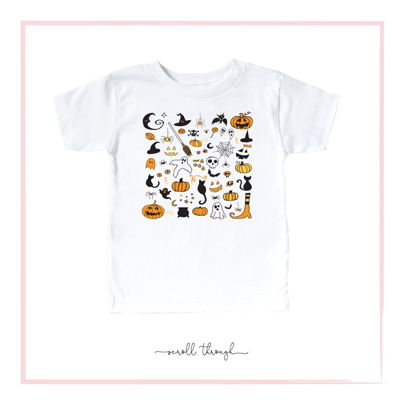 May include: White t-shirt with a black and orange Halloween-themed print. The print features pumpkins, ghosts, bats, cats, witches, and other Halloween symbols.