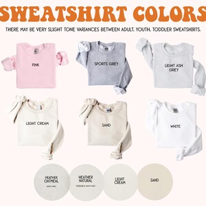 a collection of six different colored sweatshirts, each with a label indicating the color: pink, grey, light ash grey, light cream, tan, and white.