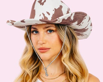 Cow Print Cowboy Hat Brown Rodeo Rhinestone Chin Strap Women's Cowgirl Hat Nashville Bachelorette Hat Bride Concert Outfit Western Gift