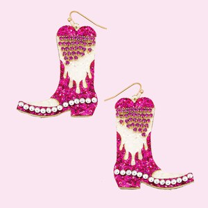 Cowboy Boots Earrings Glitter Heart Pink Cowgirl Earrings Western Earrings Nashville Bride Earrings Rhinestone Earrings Concert Outfit