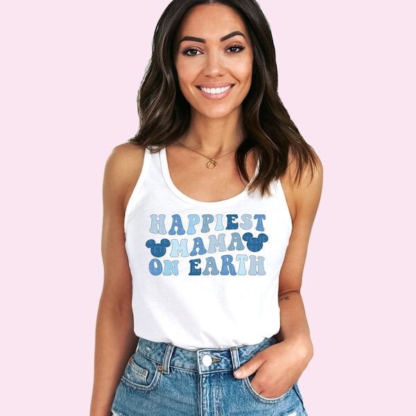 Happiest Mama On Earth Tank Top Vacation Shirt Family Vacation Tank Summer Tanks Colorful Blue Retro Racerback Tank For Women Mom Shirts