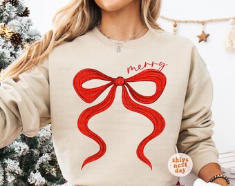 Christmas Sweatshirt Merry Christmas Crewneck Xmas Bow Women's Christmas Sweatshirt Girly Holiday Shirts Girls Toddler Sweatshirt Kids Shirt
