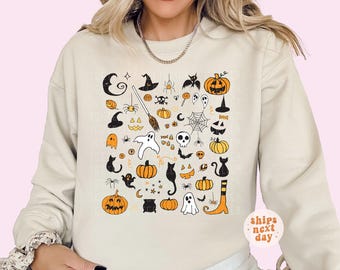Halloween Sweatshirt Halloween Doodles Sweatshirt Halloween Little Things Witch Shirt Pumpkin Cute Spooky Shirt Crewneck Sweater Plus Size