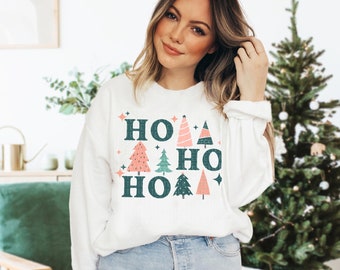 Christmas Sweatshirt Ho Ho Ho Shirt Christmas Trees Crewneck Pullover XMAS Party Santa Shirt Funny Holiday Shirts Gift For Her Toddler Kids